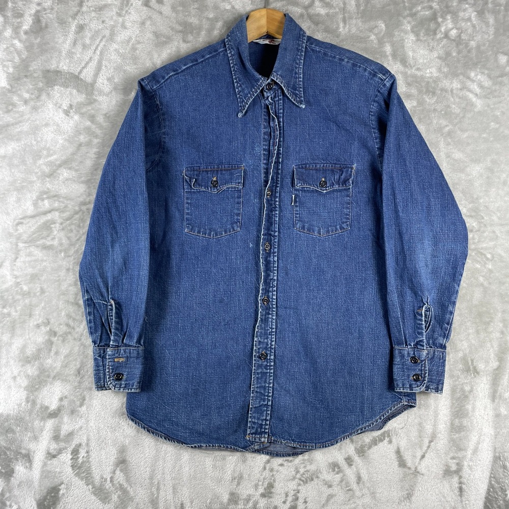 Vintage Levis Denim Shirt Mens XS Womens Small 1960s Big E Cotton White Tab USA
